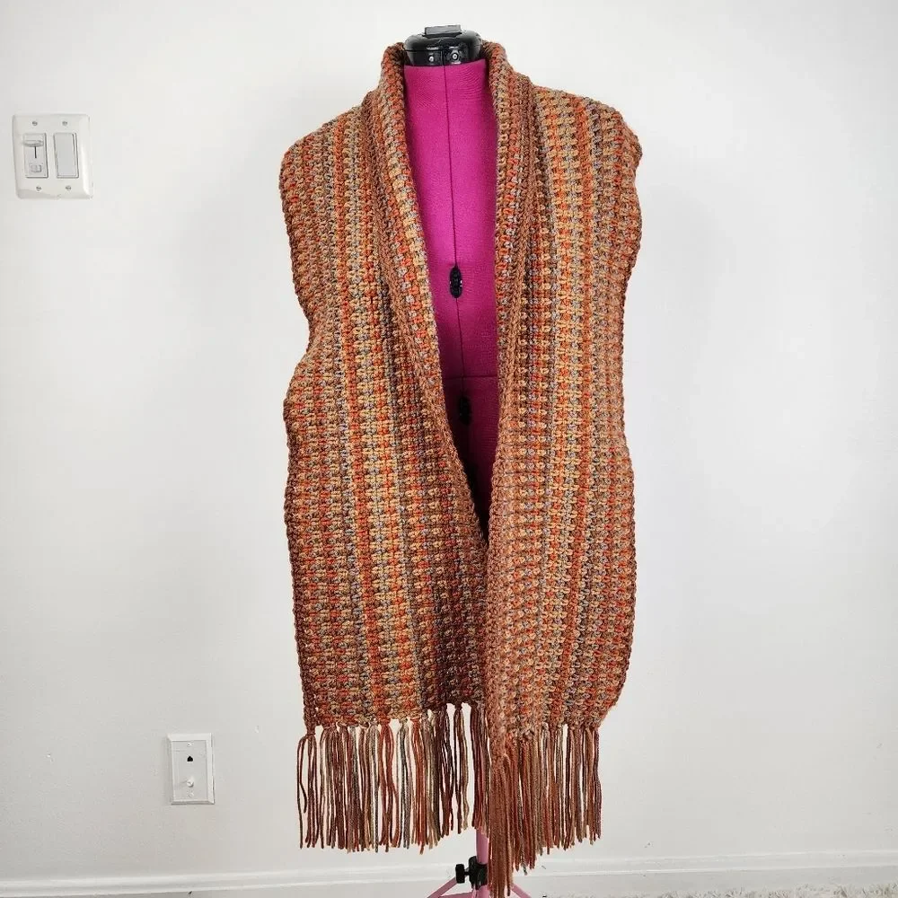 New Handmade Crochet Scarf Fringe Orange Brown Earth Tones Boho Wrap